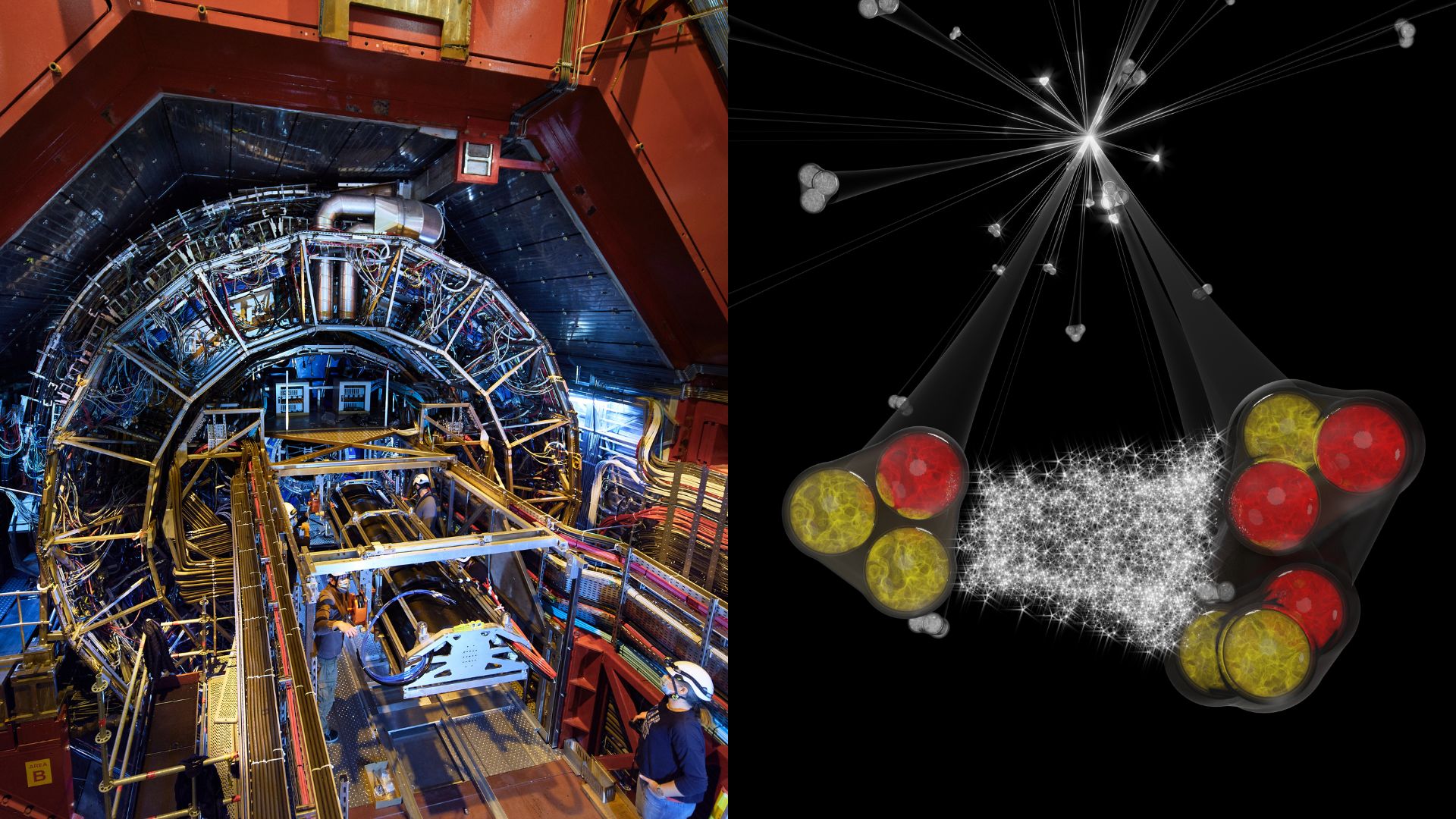 Illustrazione dell’interazione forte nel sistema protone-deutone prodotto nelle collisioni protone-protone a LHC ©ALICE/CERN
Foto dell’esperimento ALICE ©CERN